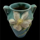 Vintage Roseville Pottery Blue Clematis 105-7 Double Handled Vase