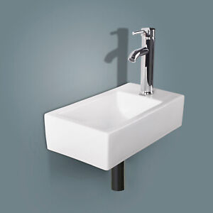 Wall Mount Bathroom Corner Sink Ceramic Vessel Small Sink w/ Faucet Drain White