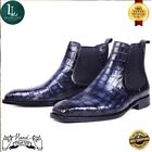 Men Handmade Alligator Texture Leather Slip On Chelsea Blue Formal Dress Shoes