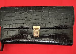 Etienne Aigner Checkbook Wallet Black Croc Embossed