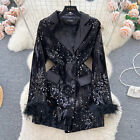 Womens Sequin Faux Fur Long Sleeves Double Breasted Lapel Collar Blazer Dress