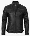 Men's Quilted Shoulder Black Cafe Racer Leather Jacket