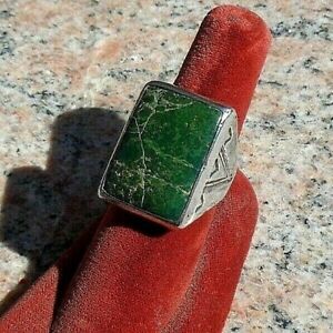 OLD PAWN 1940s HEAVY RING WITH RECTANGULAR GREEN  TURQUOISE SIZE 10