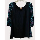 Scully Women's Small 3/4 Sleeve Floral Embroidered Blouse Black Teal Red