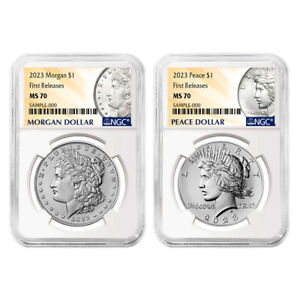 2023 $1 Morgan and Peace Silver Dollar 2pc Set NGC MS70 FR Morgan & Peace Label