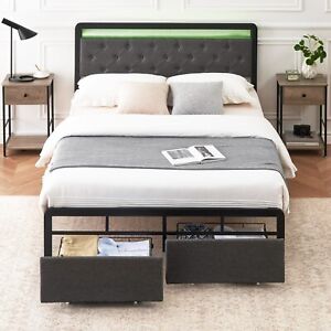 Queen Full Size Bed Frame LED Upholstered Headboard Platform with 2 Drawers