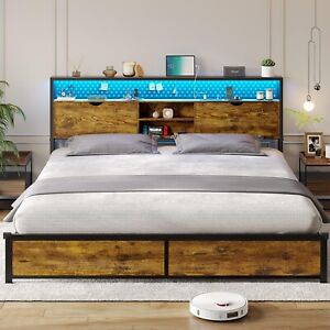 King Size Bed Frame with Storage & LED Light Headboard Metal Platform Bed Brown