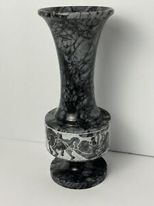 Vintage MCM Black Marble Onyx Alabaster Stone Carved Etched 10” Vase Chariot
