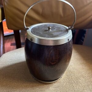 Antique English Ceramic wood Style Biscuit Barrel jar lid 6x5.5 brass lid