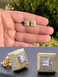 14K Gold Plated 925 Iced CZ Hip Hop Men's Earrings Large Square Baguette Studs