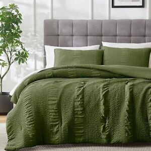 Seersucker Olive Green King Size Comforter Set, 3 Pieces Soft Washed Microfib...