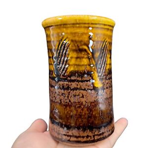 New ListingStudio Art Pottery Vase Signed Etched Hand Made Yellow Brown Glaze Vintage 5.25