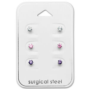 Stainless Steel 3 Pair Lot Tiny 3mm Mix CZ Crystal Kids Stud Earrings 2571
