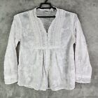Womens White Gray Leaf Print Chicos Blouse Button Up Long Sleeve V Neck Size 2