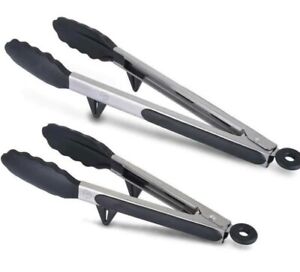 Kitchen Tong With Built-in Stand Food Tongs Set of 2 Stainless Steel & Silicone