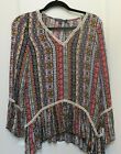 Living Doll Long Bell Sleeve Multicolor Striped Top Lace Small Boho Retro Hippie