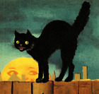 VTG Postcard Halloween Ellen H Clapsaddle Black Cat Moon Fence Repro