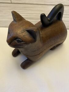 Vintage Carved Wood Cat Kitten Trinket Treasure Key Box