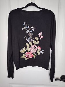 TIARA International Womens Cardigan Sweater Black Floral Embroidered Long Sleeve