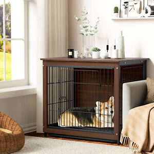 Pet Dog Cat Crate End Table Double Doors Wooden Wire Dogs Kennel Small Medium