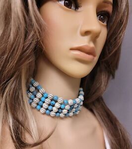 Vintage Turquoise Blue White Multi Strand Bead Collar Choker Necklace 13.5-16.5
