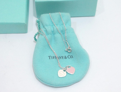 Tiffany & Co. Silver Mini Return to Pink Enamel Double Heart Pendant Necklace