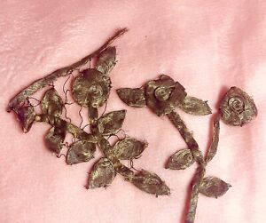 2 ANTIQUE Brussels Handmade GOLD French METAL Lame’ Ribbonwork Lace 1800s  rare