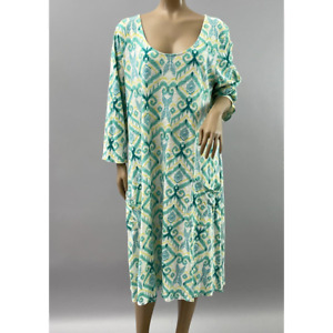 Fresh Produce Dress Women 1X Shift Green Batik Print Pockets 3/4 Sleeve Coastal