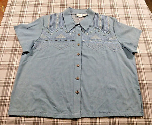 Blair Boutique Embroidered Beaded Floral Button Collared Shirt Blue Padded 2XL
