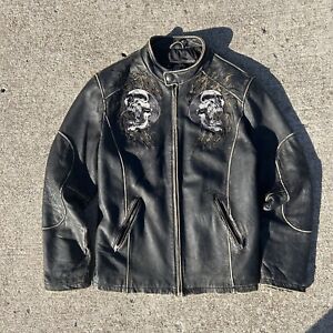 AFFLICTION LIMITED EDITION Shredded Screaming Skull Leather Jacket Coat L  #801