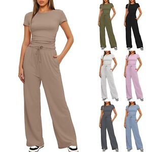 Women's Sports Outfits Sets Summer Short Sleeve Tops Wide Leg Pants Tracksuit