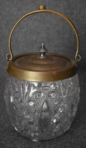 ANTIQUE ENGLISH LATE 1800'S PRESSED GLASS BRASS LIDDED BISCUIT BARREL COOKIE JAR