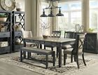 NEW Farmhouse Rustic Black & Brown 6pcs Dining Room Table Bench Chairs Set IC0O