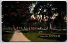 Little Falls New York~Eastern Park Path & Pavilion & Statue~Vintage Postcard