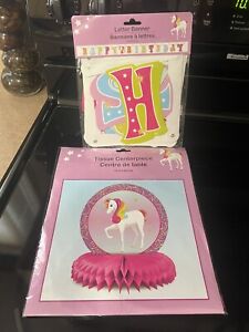 Brand New Lot Of 2 Girls Unicorn Happy Birthday Party Items - Centerpiece & Sign