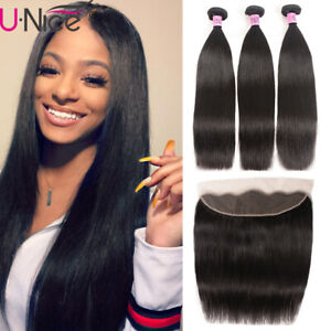 Brazilian Straight Human Hair Extensions 3 Bundles With Transparent Lace Frontal