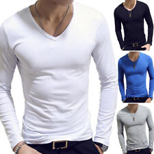 Men's V Neck Long Sleeve T-Shirt Slim Fit Casual Solid Color Basic Tee Shirts ~