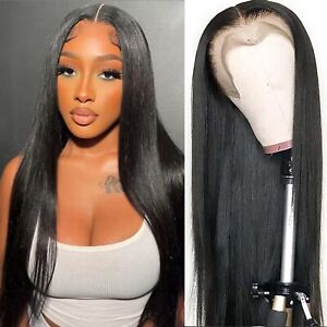 Natural Long Straight Lace Front Wigs Human Hair Pre Plucked Heat Safe Women