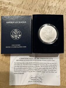 2008 W American Eagle 1 Ounce Silver  Uncirculated Coin (Box & COA)