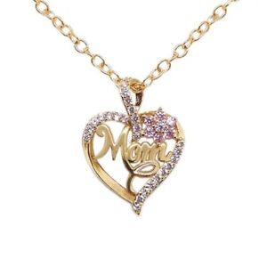 Women Heart Flower MOM Rhinestone Pendant Necklace Mother's Day Gift Golden New
