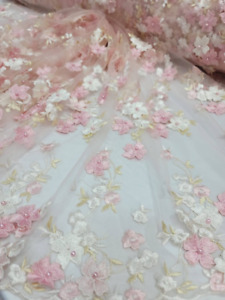 Pink Blush Lace 3d Floral Flowers Embroidered on Mesh Prom Fabric By The Yard