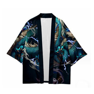 Men Japanese Kimono Dragon Cardigan Jacket Baggy Yukata Open Front Bathrobe Tops
