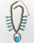 Native American “Navajo” Sterling & Turquoise Squash Blossom Necklace - Signed