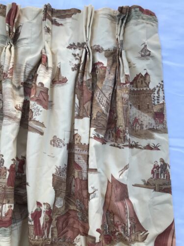 Vintage French Toile Maritime Custom Pinch Pleat Drapes Curtain Blackout Lined