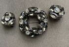 Vintage Rhinestone Brooch & Earring Set Smoky Gray, Clear Prong Set Faceted