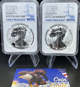 2021 W+S REVERSE PROOF SILVER EAGLE DESIGNER SET PF70 NGC TWO COIN SET