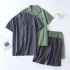 Men's Pajamas Summer Thin Short-sleeved Shorts Washed Cotton Simple Plaid Suit