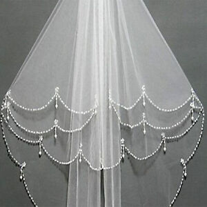 New 2 Layer White/Ivory Elbow Length Beads Edge Wedding Bridal Veil