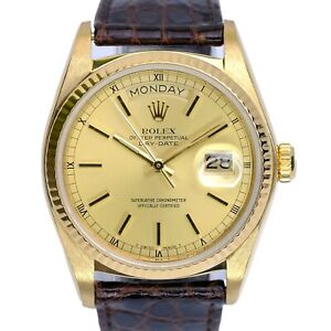 ROLEX MENS 18K YELLOW GOLD CHAMPAGNE INDEX ORIGINAL ROLEX BROWN LEATHER BAND