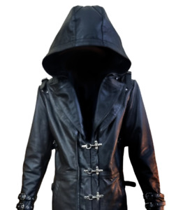 Mens Steampunk Style Trench Coat Gothic Black Genuine Leather Hooded Long Coat
